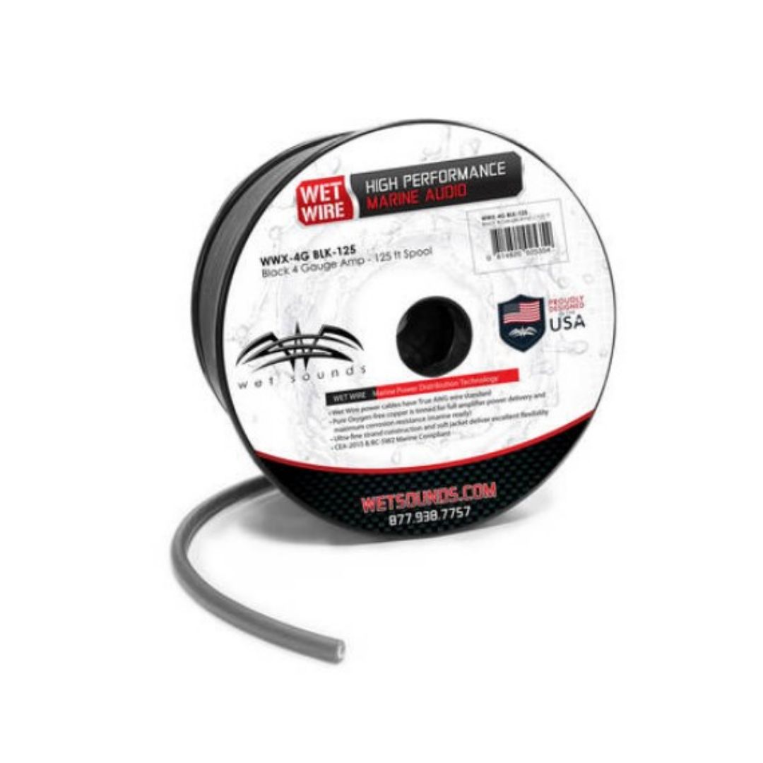 Wet Sounds, Wet Sounds WWX-4 BLK 125, Black Frosted 4 TRUE AWG Gauge Amp Wire - 125ft Spool